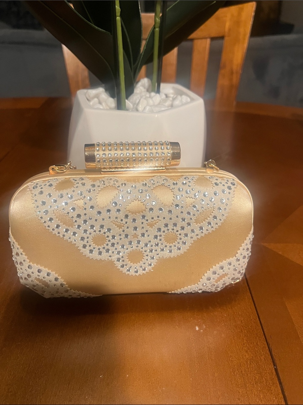 Badgley Mischka Gold Satin Clutch with White Lace and Crystal Accents